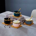 ست فنجان سرامیکی با زیره بامبو مشکی