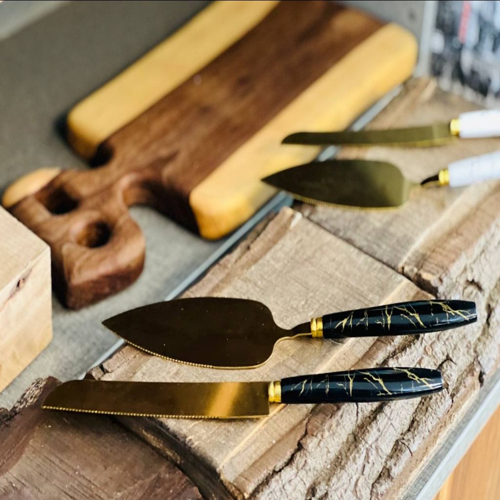 2 ست کارد کيک خوری ماربل طلايی AZ9 - Image 1