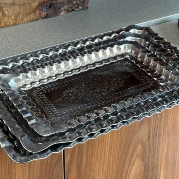 سینی مستطیل استیل طرح مس 43*28